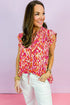 Abstract Print Ruffled Trim Tied Split Neck Tank Top